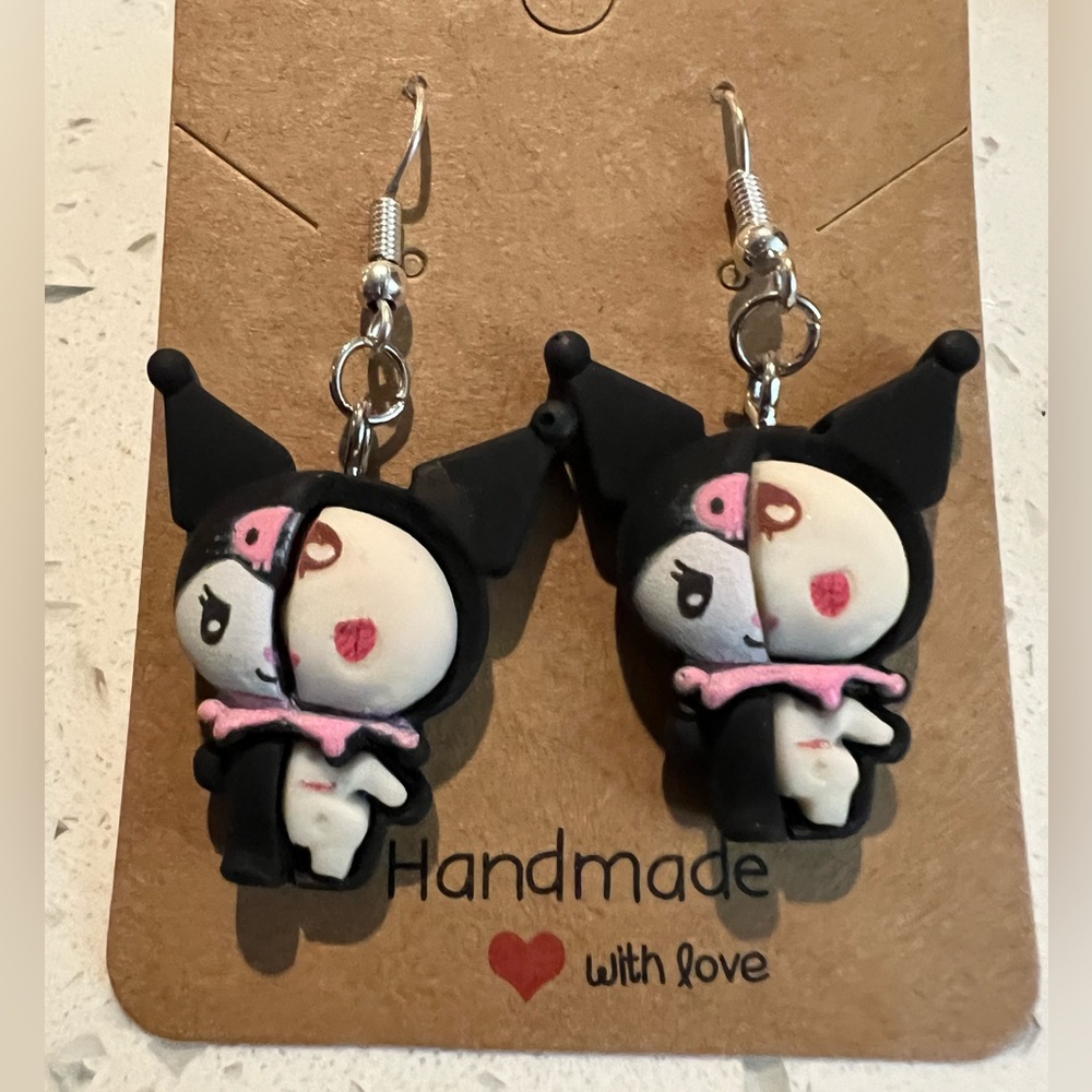 Kuromi cute💜 & creepy💀 Handcrafted dangling earrings- hypoallergenic hooks